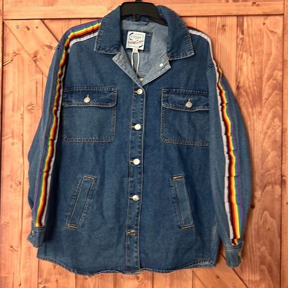 NWT Stoosh Women's Blue Rainbow Stripe Detail Vintage Denim Jacket Medium - Picture 1 of 6